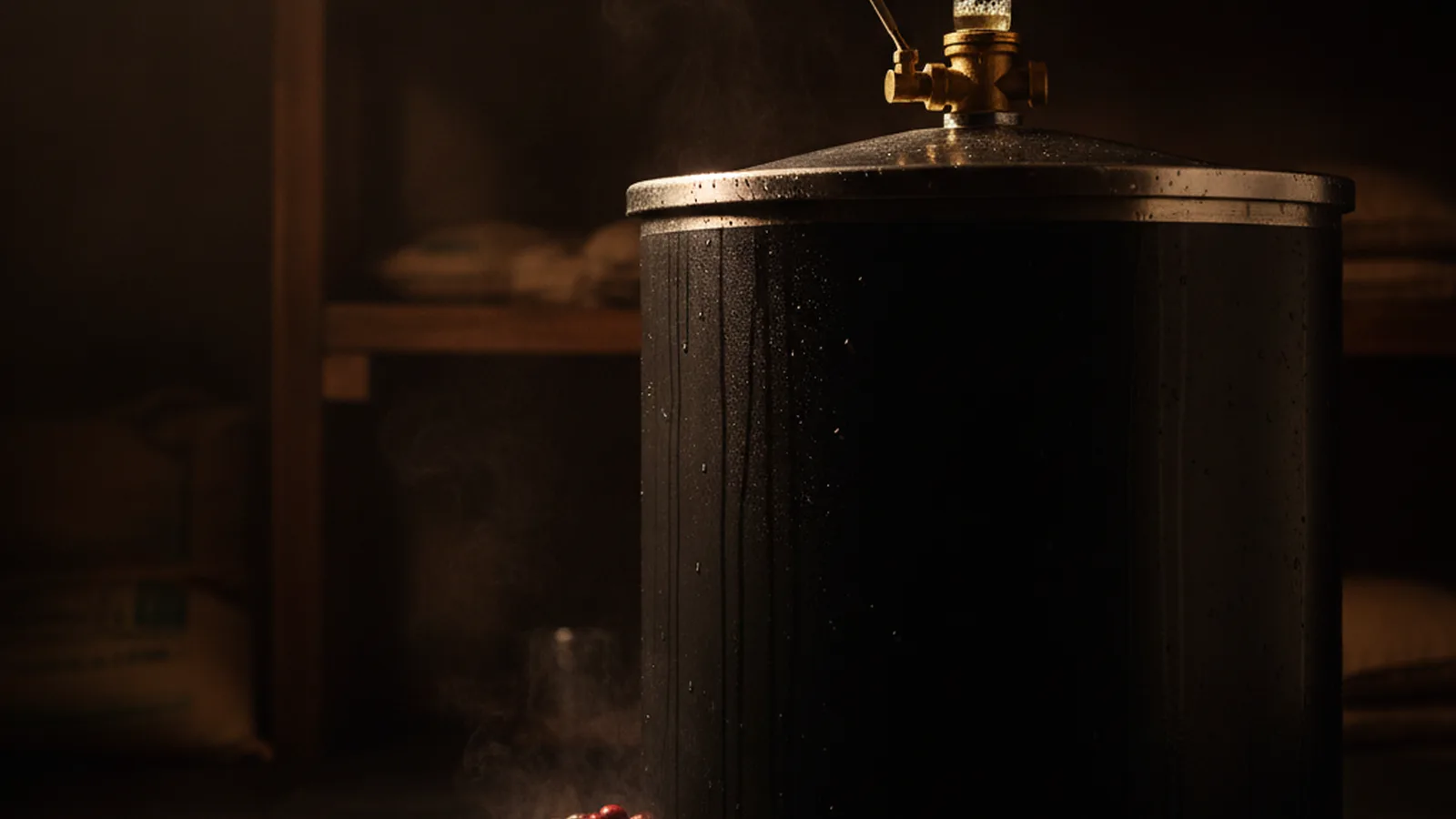 Sealed anaerobic coffee fermentation tank with a one-way CO2 airlock valve, stainless steel tank close-up, coffee cherries, moody fermentation room.