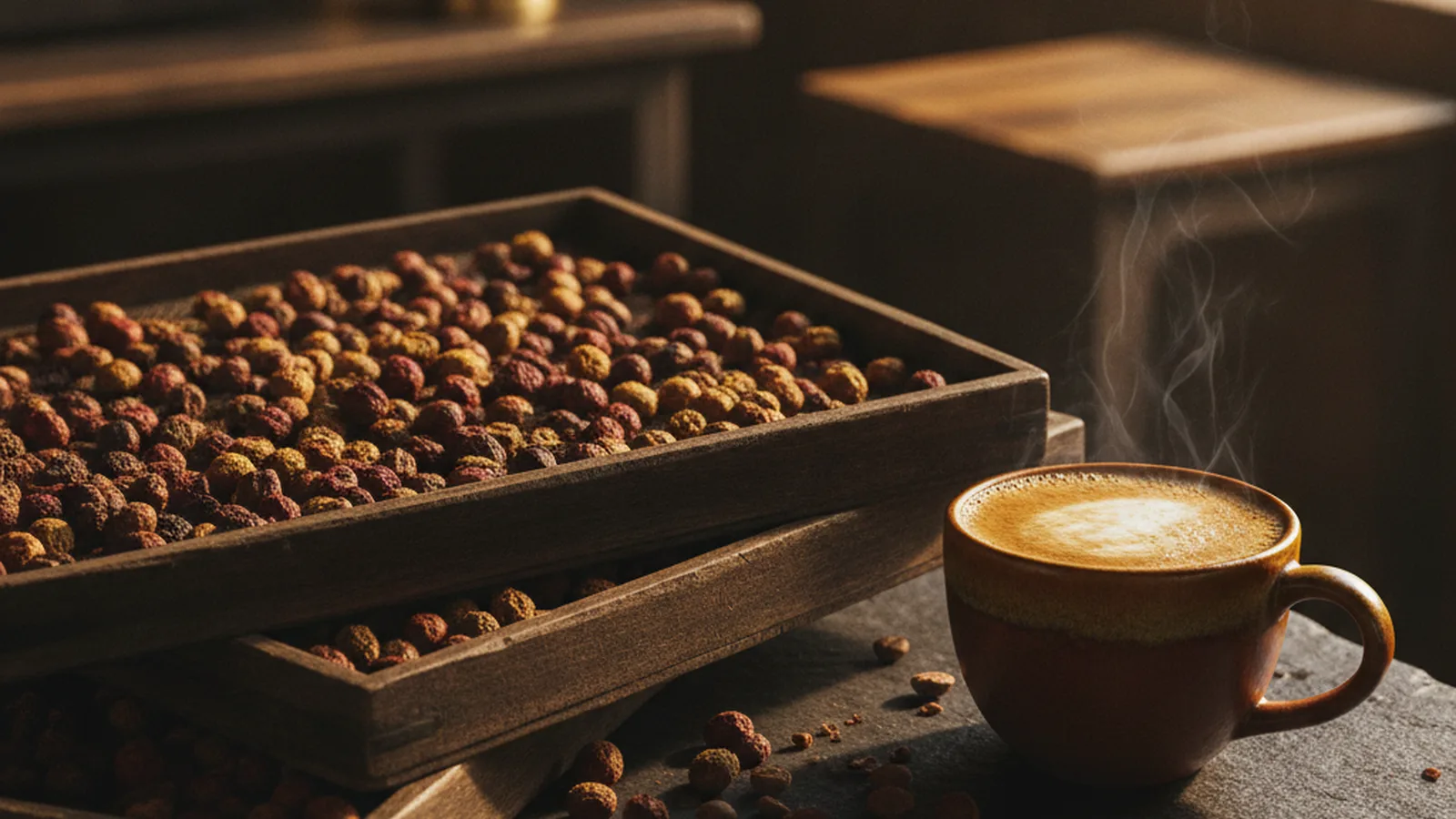 Coffee cherries Monsooned Malabar Coffee processing.