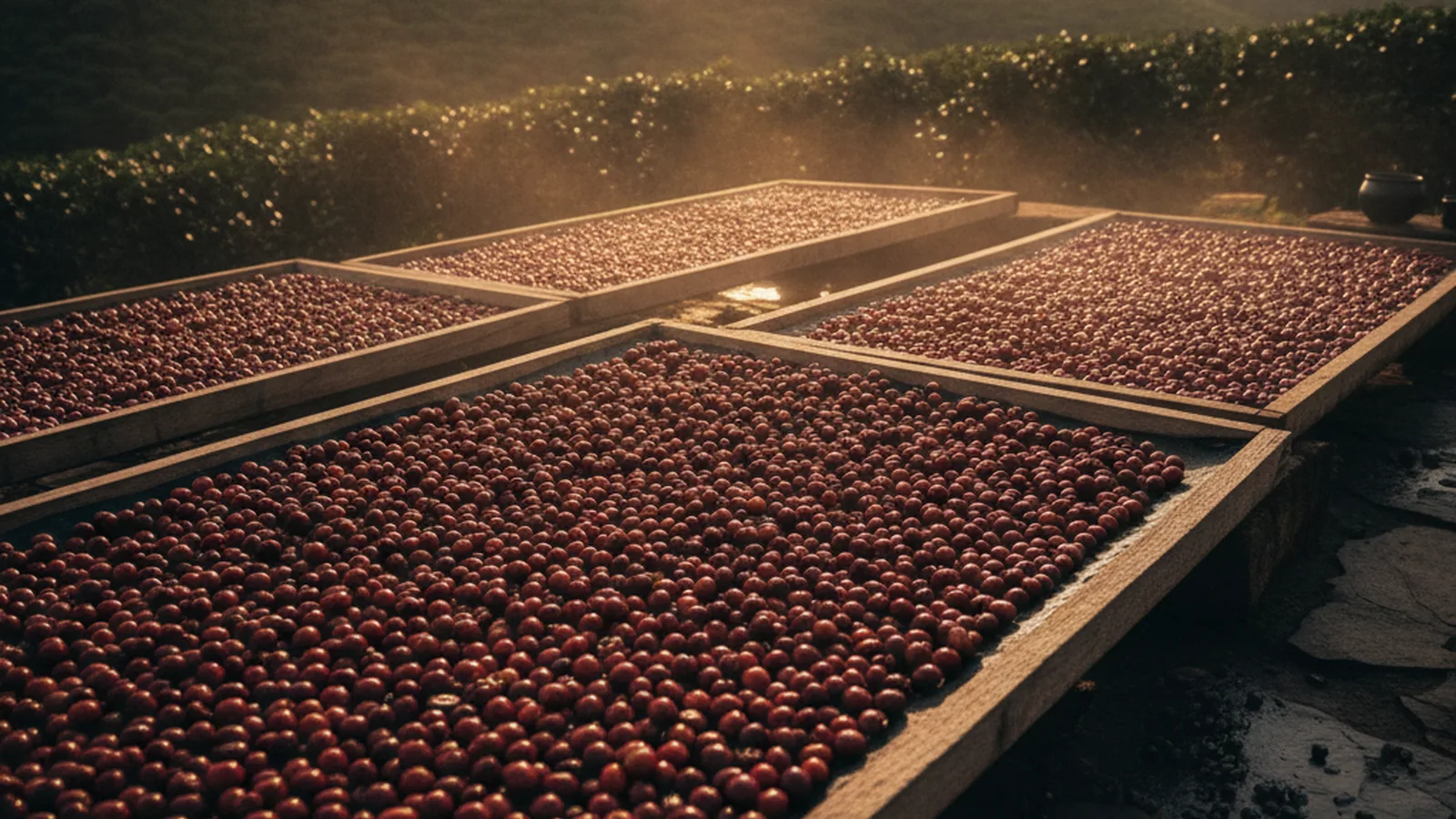 Kenyan highland coffee farm, ripe red cherries on raised drying beds after the double wash, misty green highland hills, morning light.