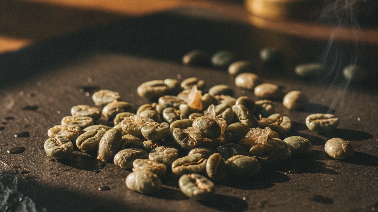 Sumatra wet-hulled coffee beans macro texture, bluish green twisted giling basah beans, humid tropical highland patio, damp parchment drying.