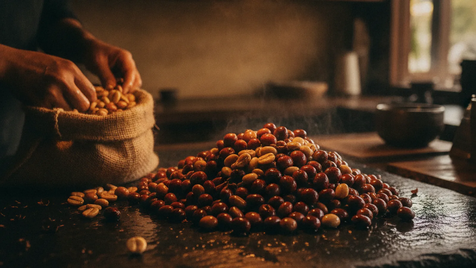 Coffee cherries Wet Hulling (Giling Basah) processing.