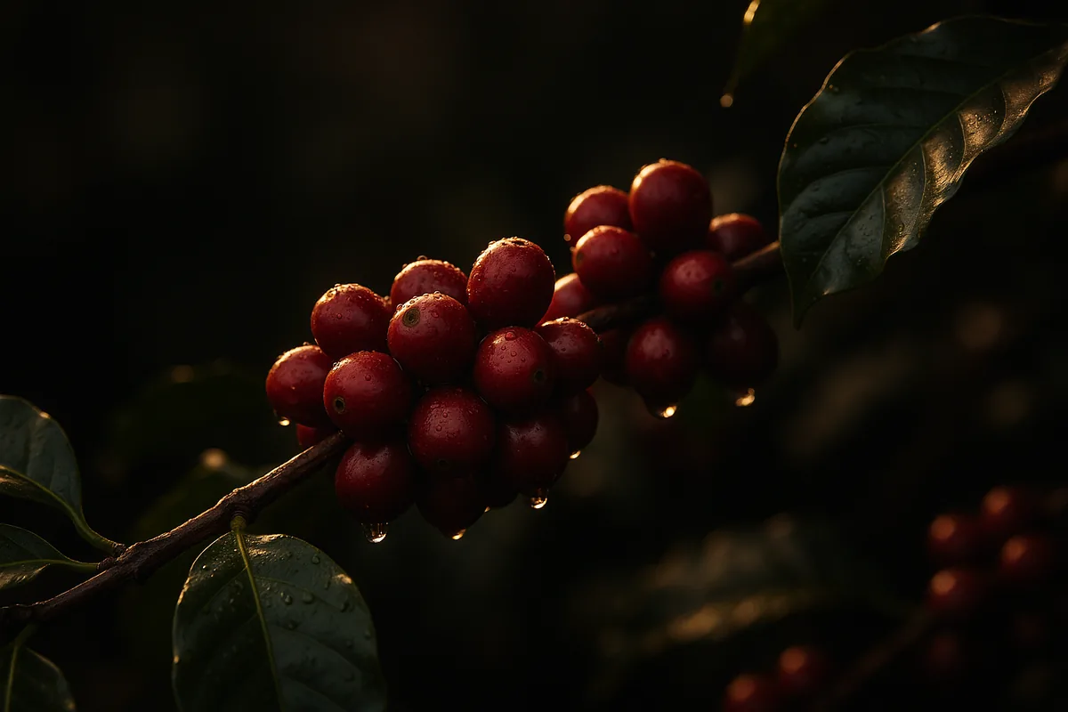 Ripe coffee cherries on the branch