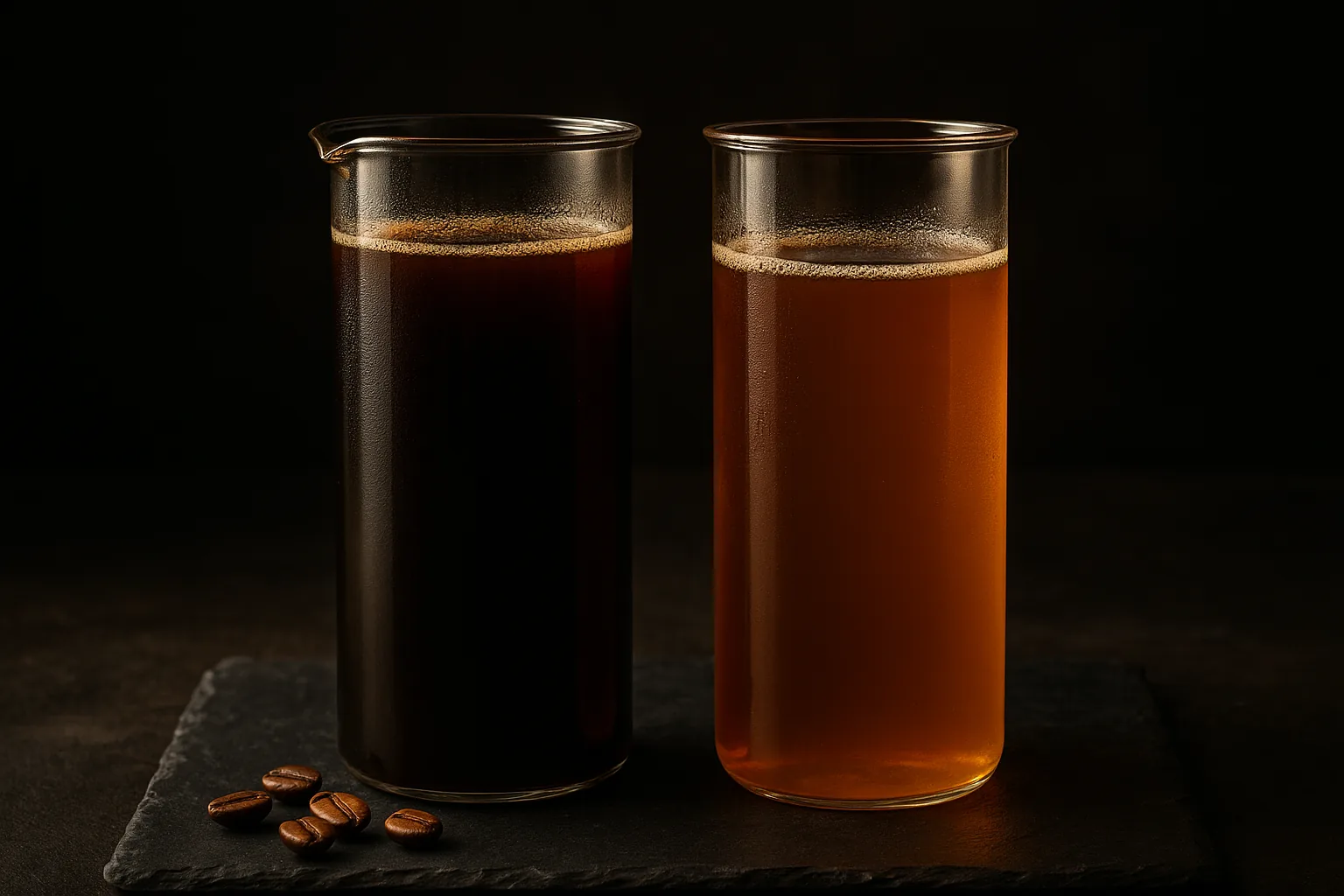 Two glass cylinders of cold brew at visibly different strengths standing side by side
