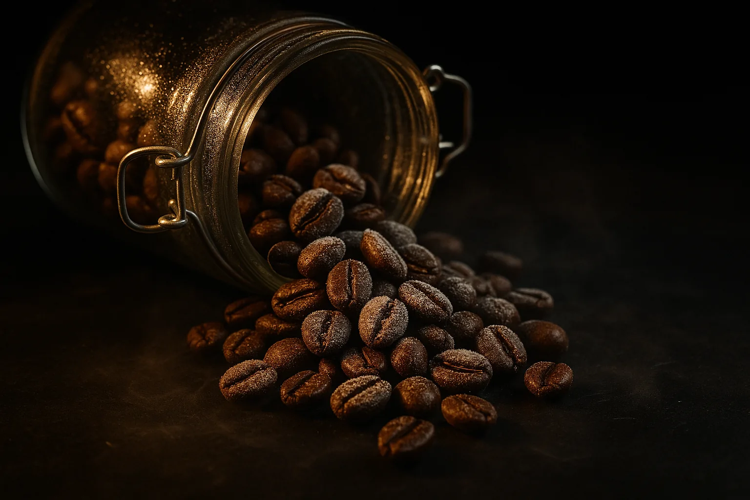 Frost dusted roasted coffee beans spilling from an airtight glass jar onto dark slate