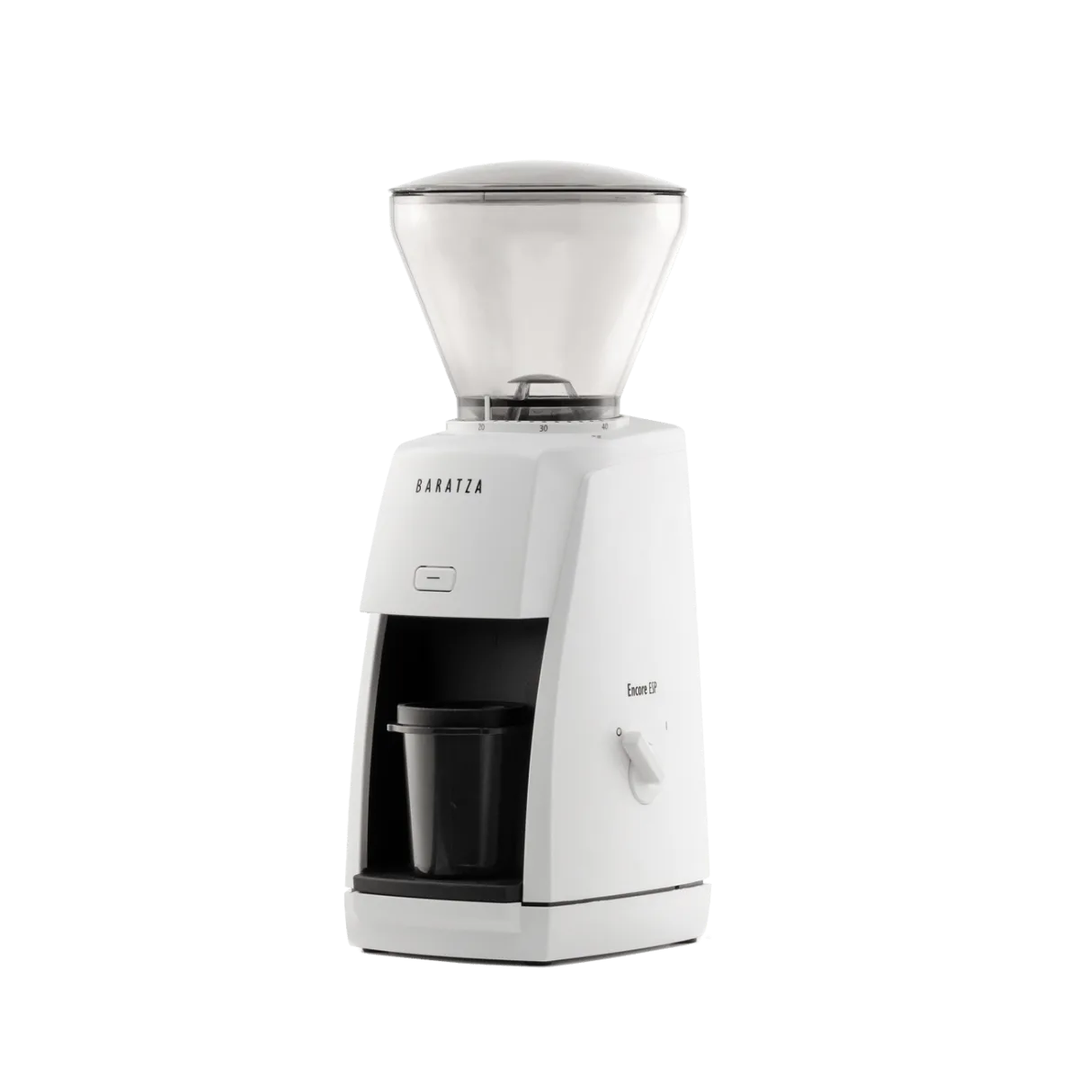 Baratza Encore ESP coffee grinder in white, dosing cup in the grounds bin