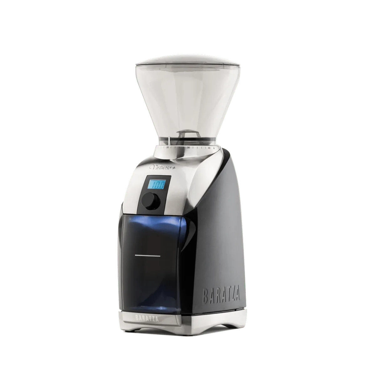 Black and stainless Baratza Virtuoso+ coffee grinder with digital timer display on white background