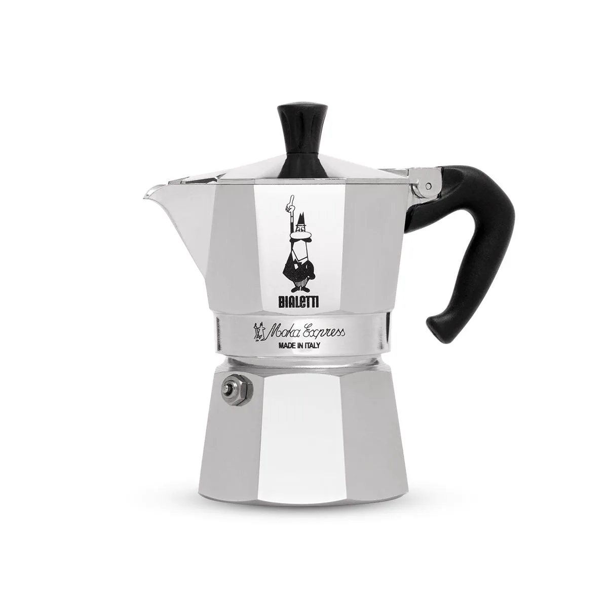 Bialetti Moka Express aluminium stovetop pot with the little-man logo