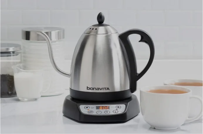 Stainless steel Bonavita gooseneck kettle with digital temperature control base on counter