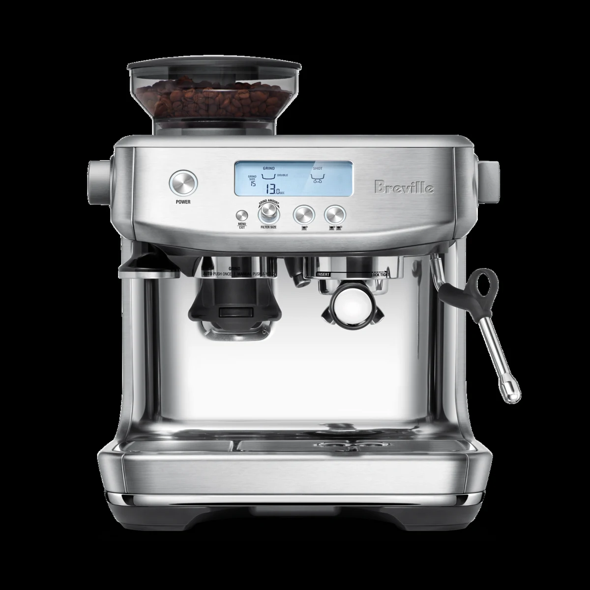 Breville Barista Pro espresso machine in brushed stainless steel, with integrated bean hopper and 54mm portafilter