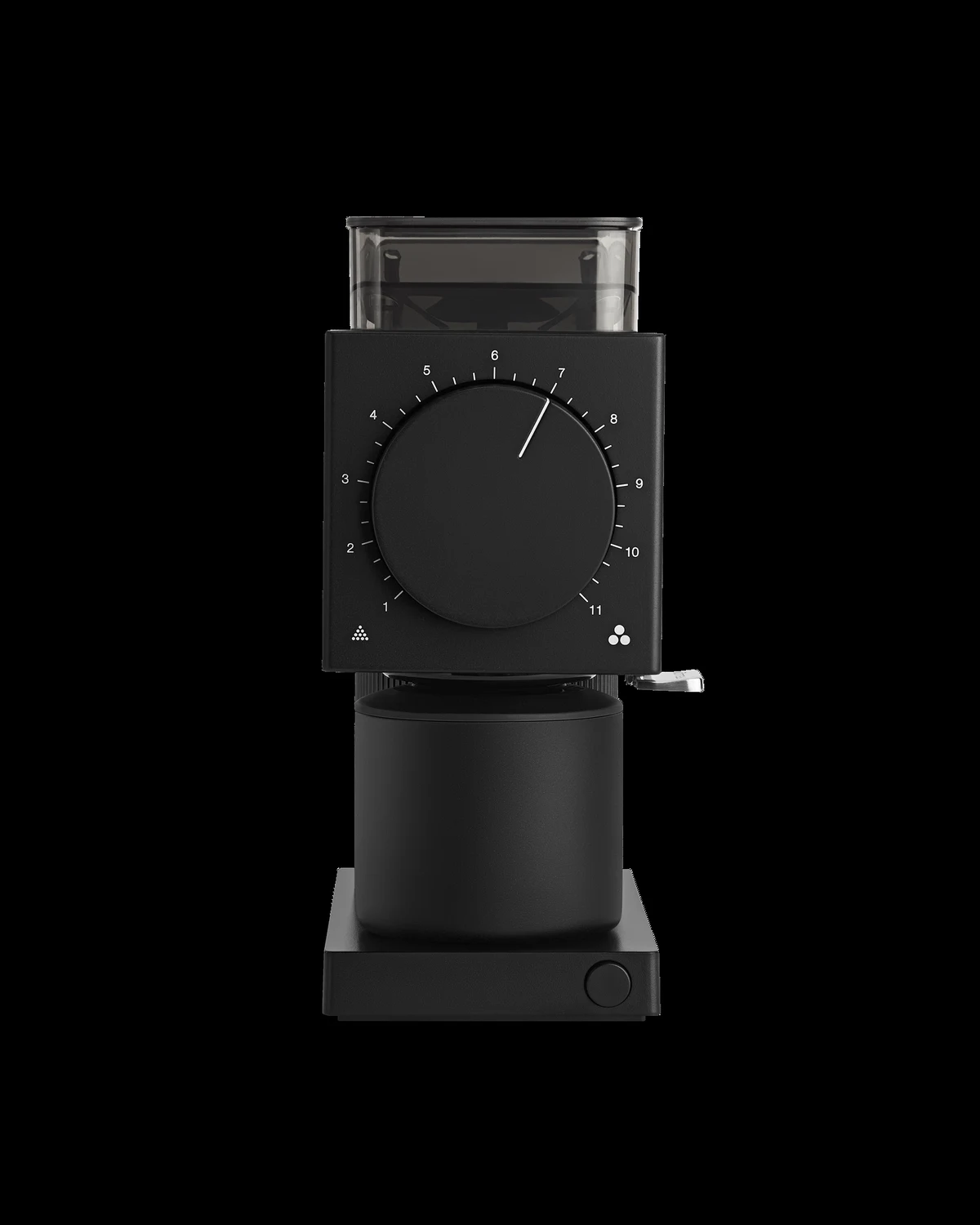 Fellow Ode Brew Grinder Gen 2 in matte black with large front dial and transparent bean hopper
