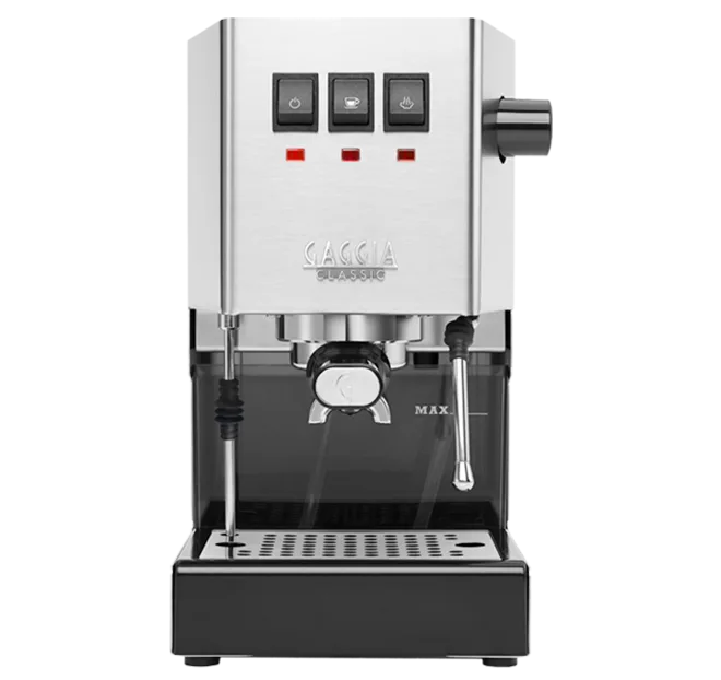 Gaggia Classic Evo Pro espresso machine in brushed stainless steel, front view