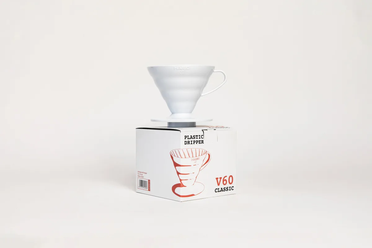 Hario V60 plastic coffee dripper, size 02, on its retail box