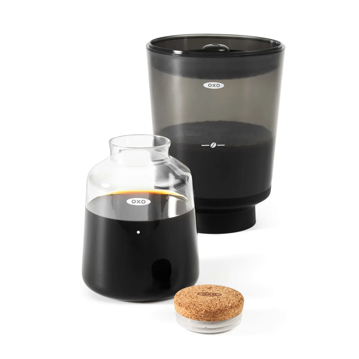 OXO Compact Cold Brew Coffee Maker with brew vessel, carafe and cork stopper