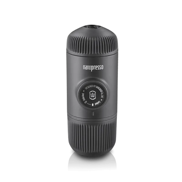 Black Wacaco Nanopresso portable espresso maker standing upright on white background
