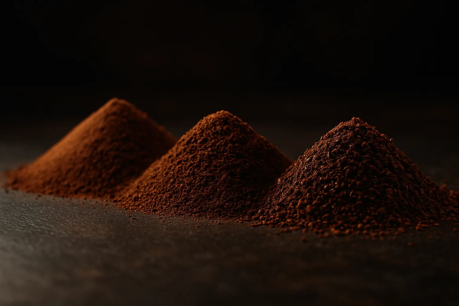 Piles of ground coffee in different textures side by side, ranging from fine to coarse, showing the visual difference between grind sizes