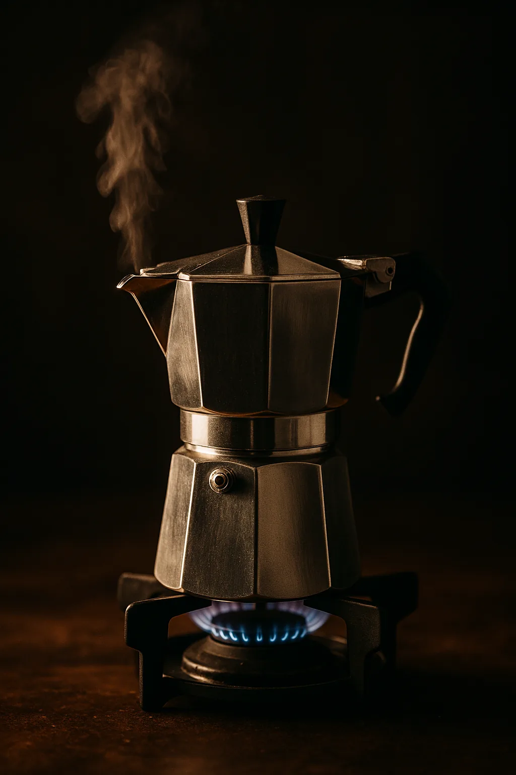 A stovetop moka pot mid-brew with coffee streaming into the top chamber