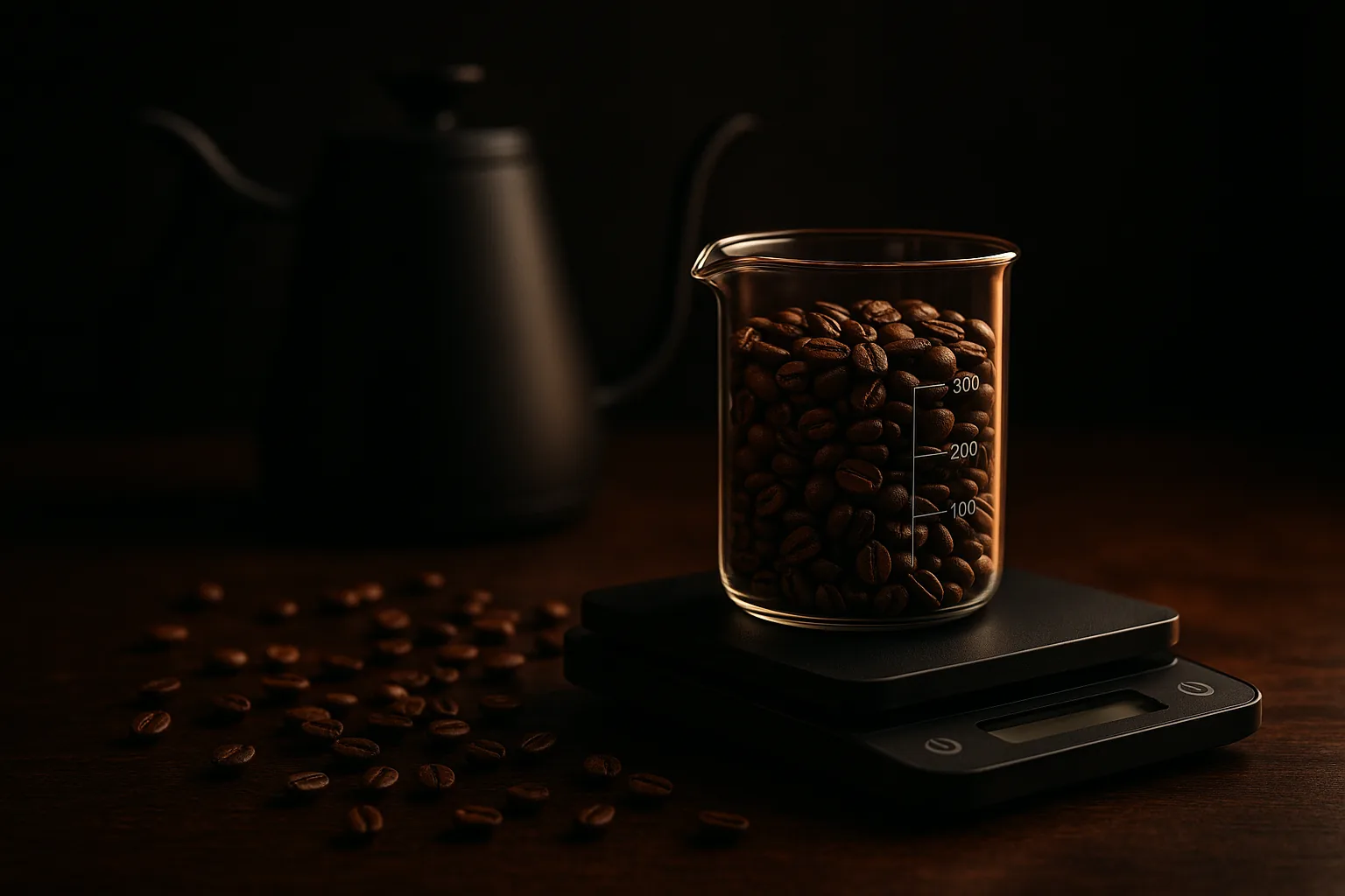 A glass beaker of coffee beans beside a digital kitchen scale, with a gooseneck kettle visible in the background