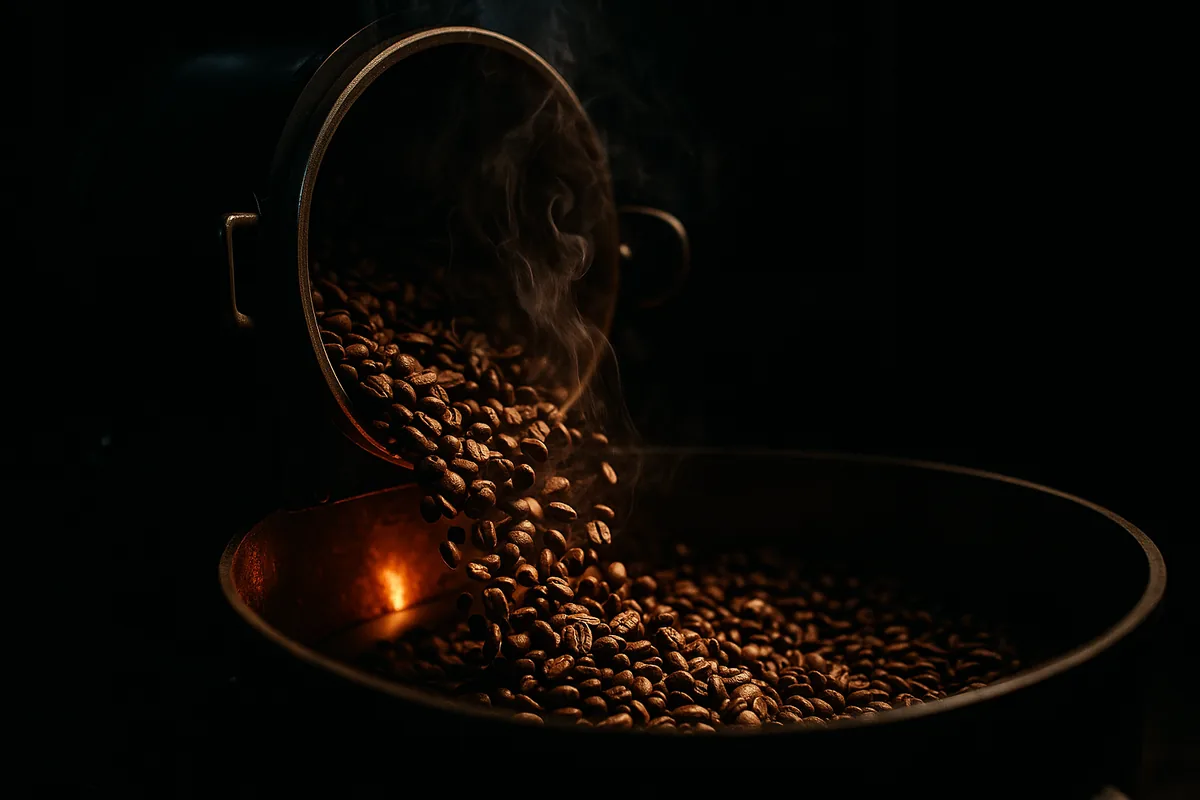 Beans tumbling in a drum roaster
